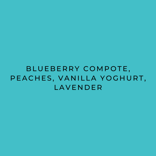 Flavour descriptions reading "Blueberry Compote, Peaches, Vanilla Yoghurt & Lavender"