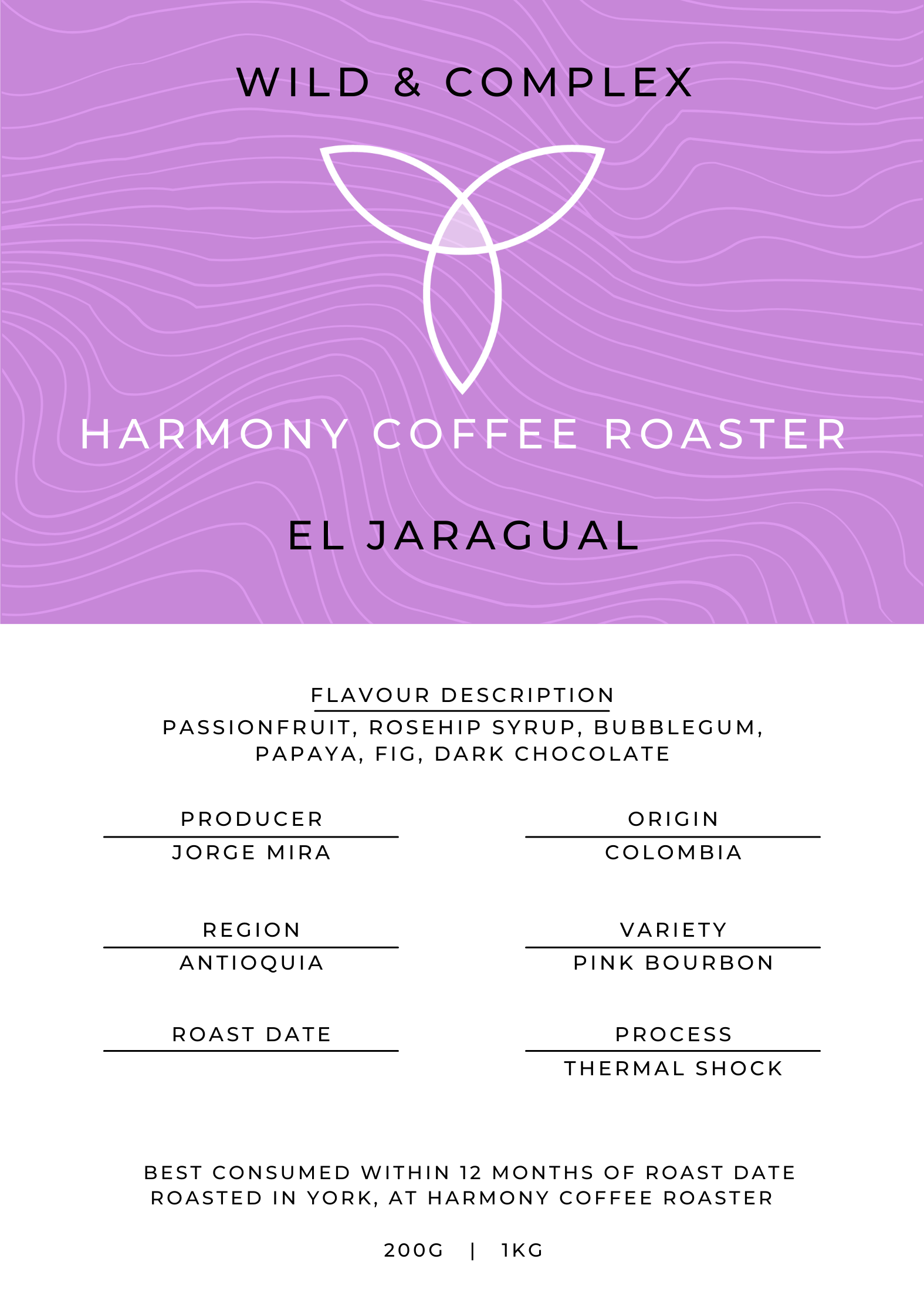 Product label for El Jaragual Colombian Coffee Beans, York Coffee Roaster, Harmony Coffee